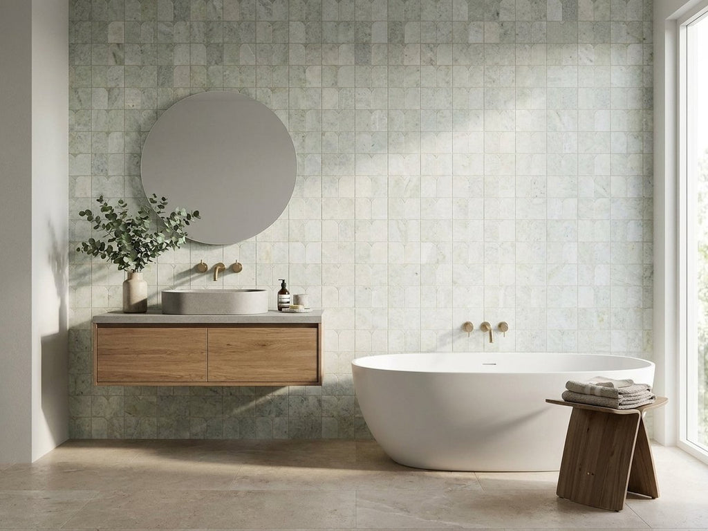Fishscale Ming Green Honed 50.8x103.4 Mosaic tiles in a room