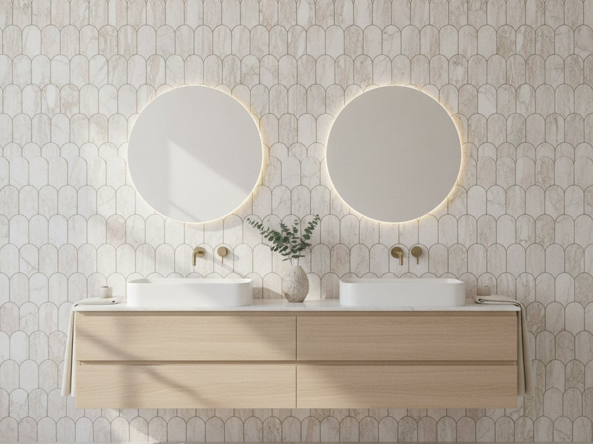 Fishscale Rosa Portagallo Honed 50.8x103.4 Mosaic tiles in a room