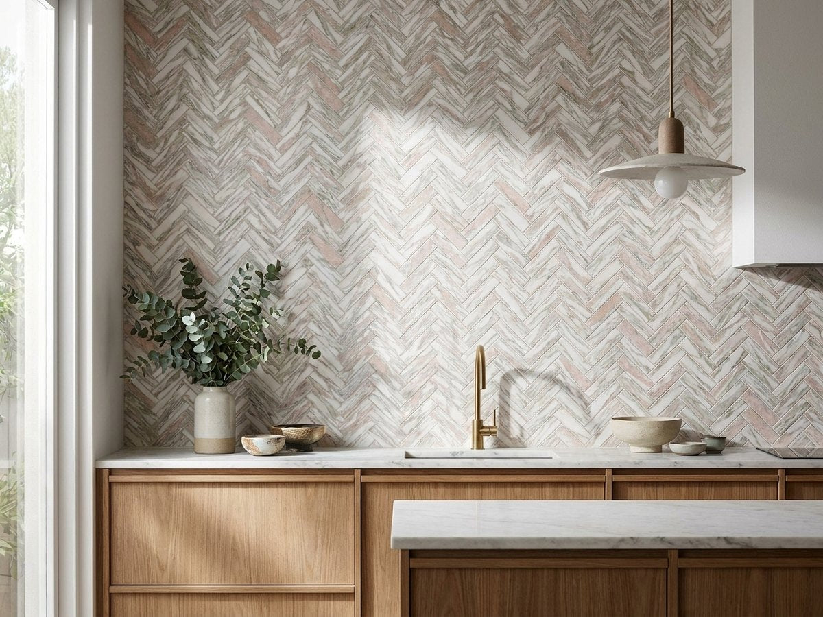 Herringbone Rosa Portagallo Honed 30x100 Mosaic tiles in a room