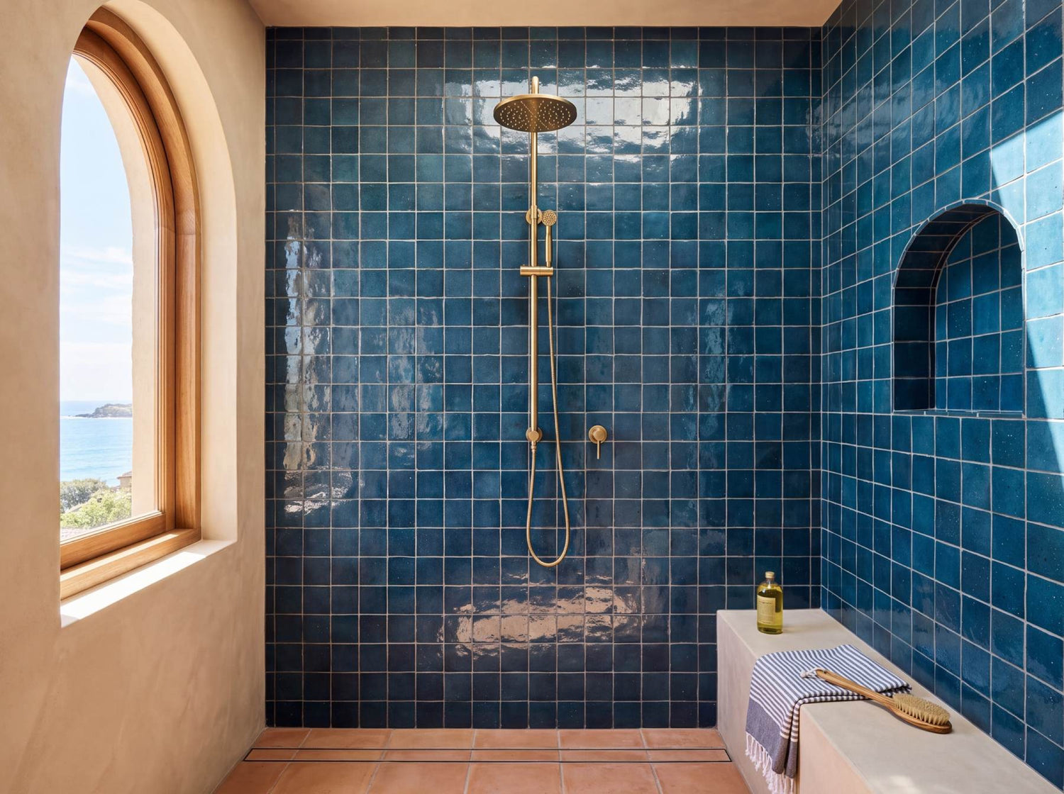 Bella 2 Marine Gloss 100x100 tiles in a wet room