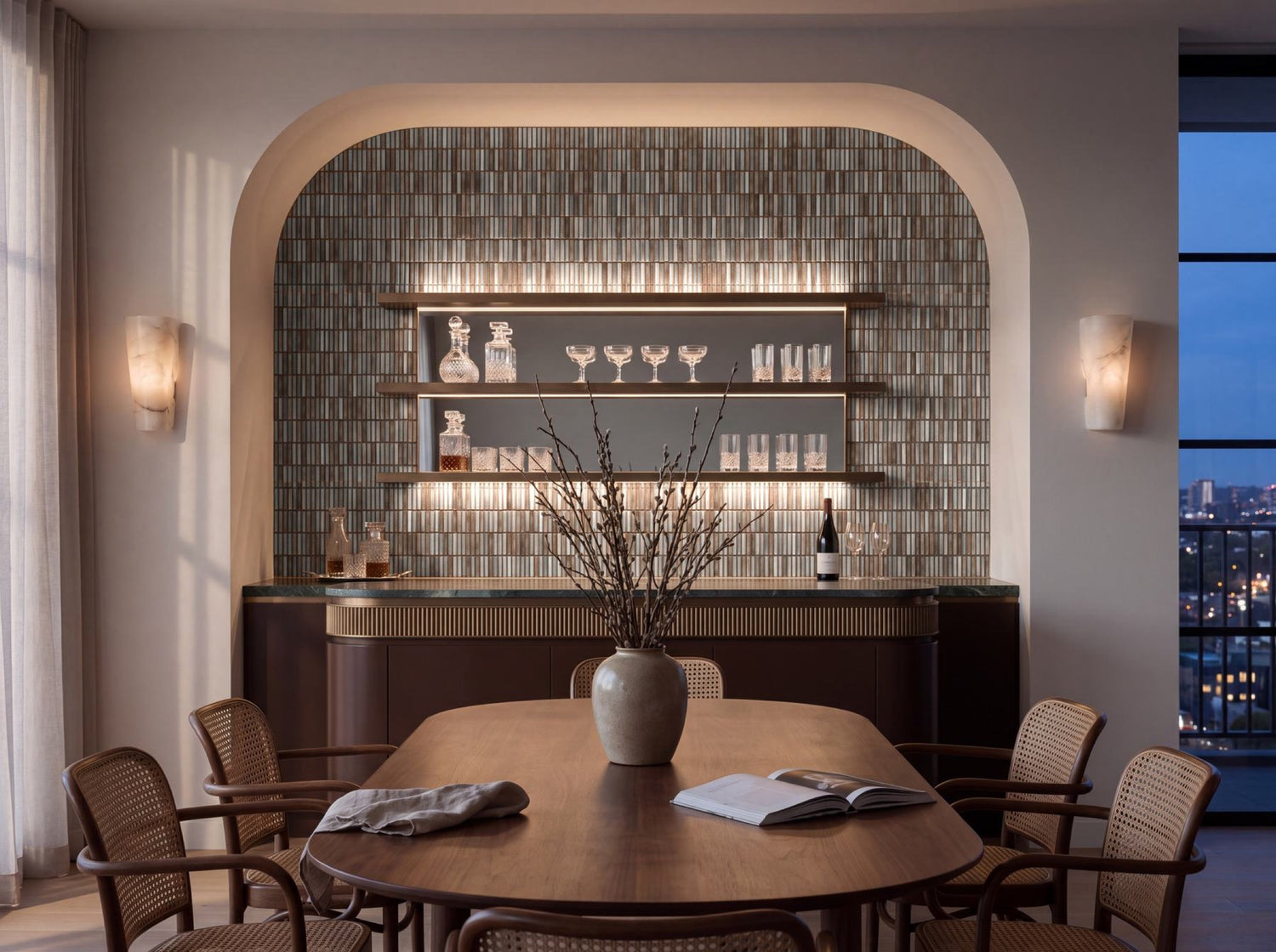 Shiki Sticks Caramel Fade Porcelain Glazed 12x92 Finger Mosaic tiles in a dining room